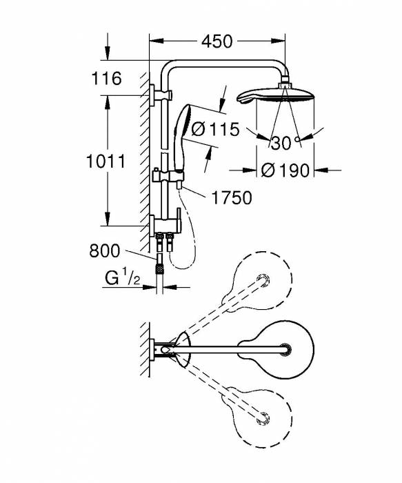 GROHE 27911000 Power & Soul Душевая система с переключателем для настенного монтажа, кронштейн 450 мм. Фото